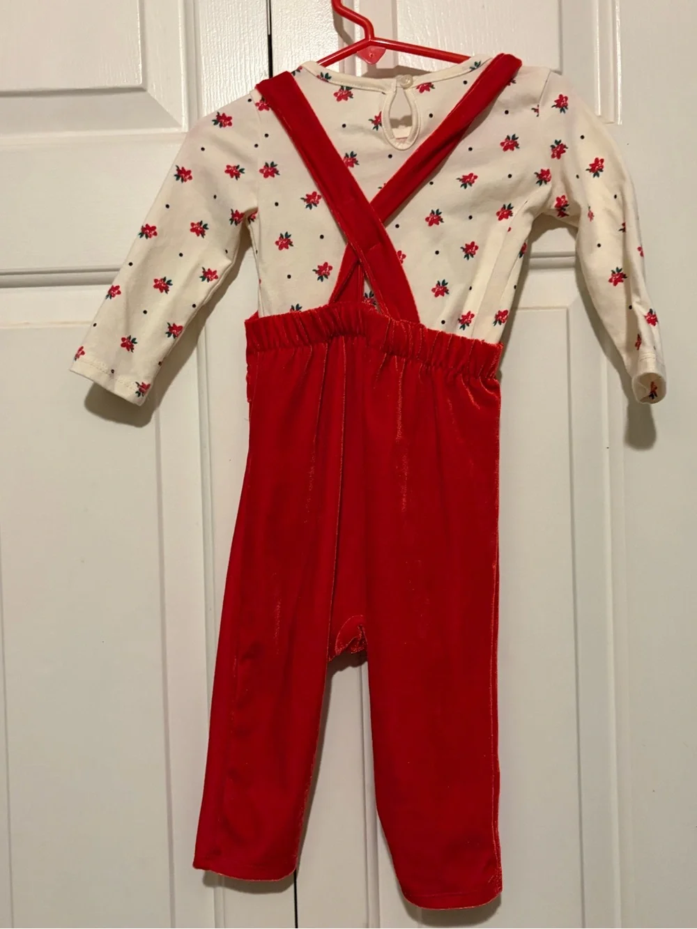 wonder nation Red Velvet Ruffle Overalls with Cream Floral Tee